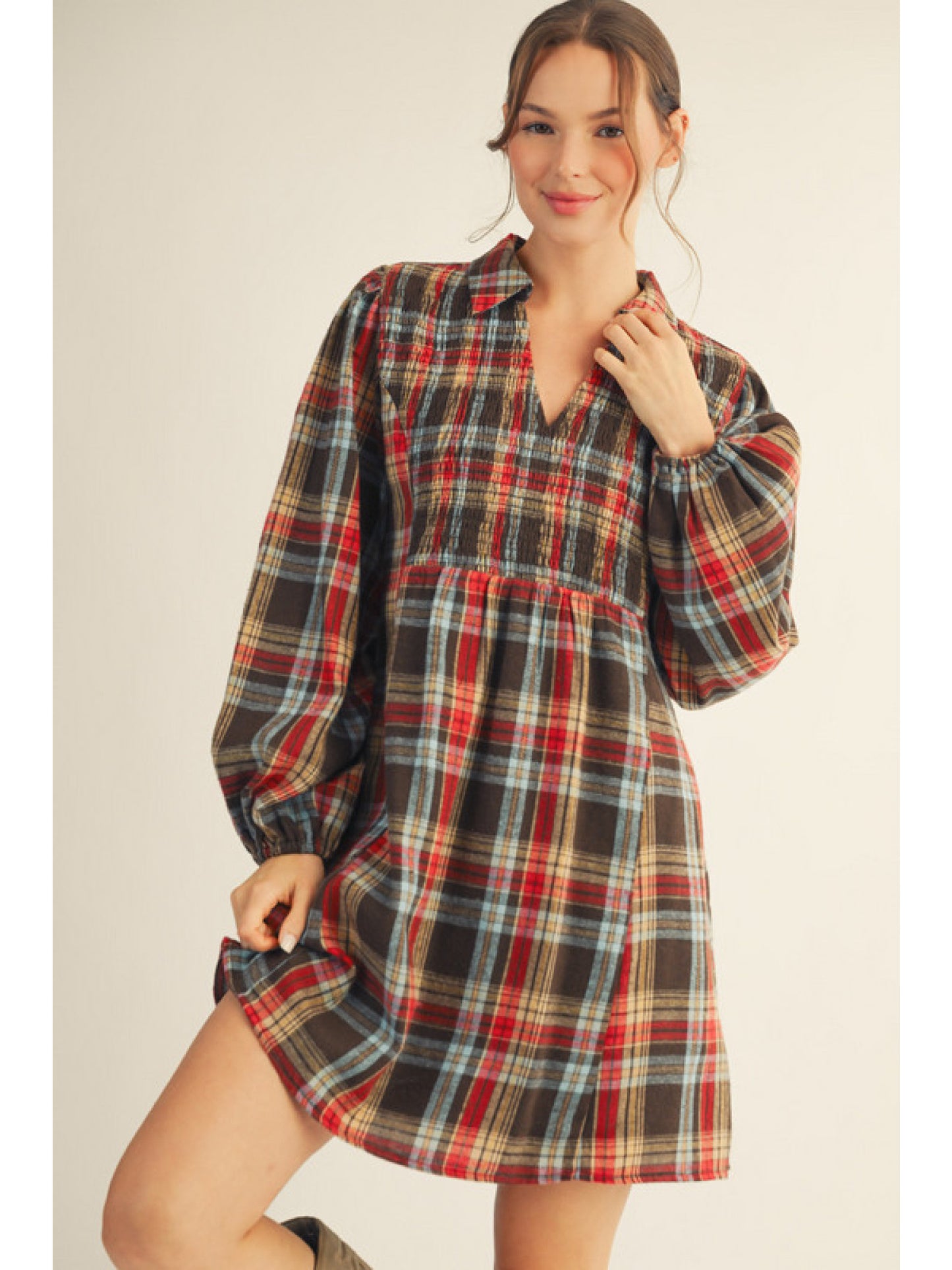 Chocolate Plaid Collared Long Sleeve Mini Babydoll Dress