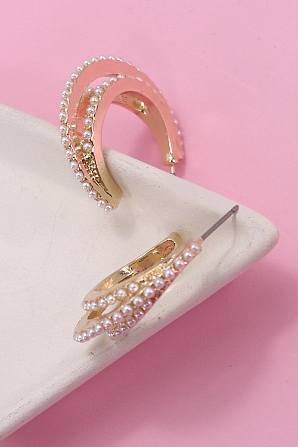 Three Row Pearl Hoop Earrings