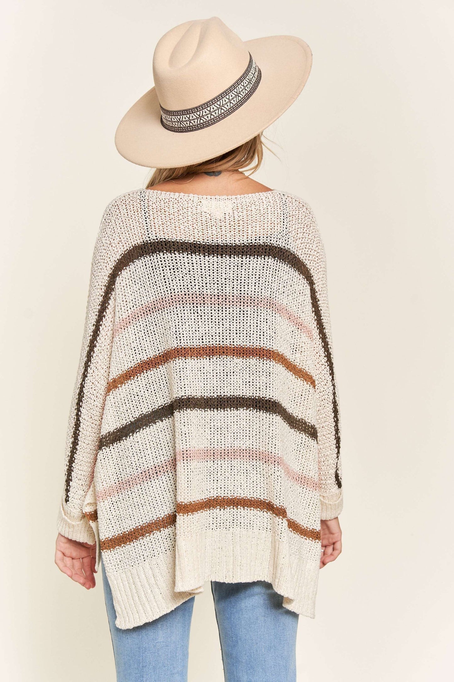 Ivory/Multi Stripe Open Knit V-Neck Sweater