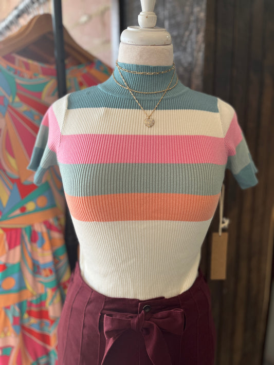 Pastel Striped Rib Knit Short Sleeve Turtleneck