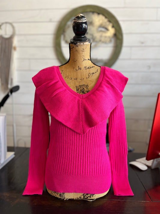 Ruffle Collar V-Neck Knit Sweater