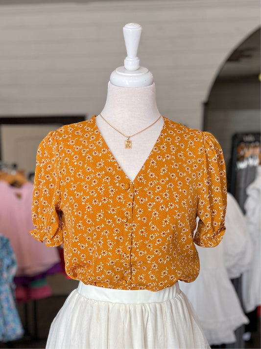 Yellow Floral Short Sleeve Blouse