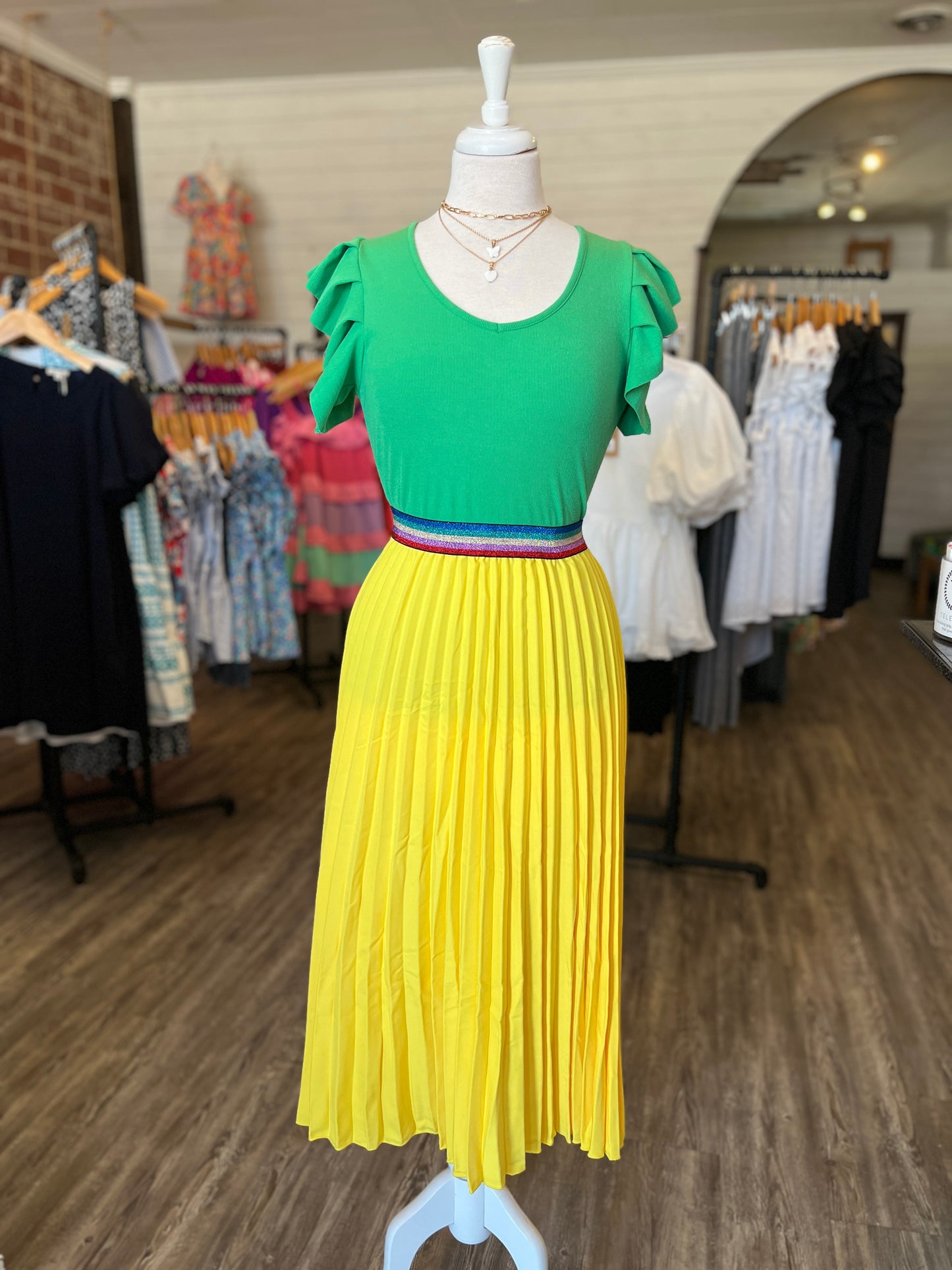 Yellow Pleated Midi Skirt with Rainbow Waist Elastic