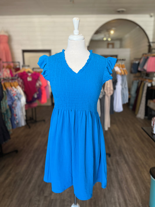 Turquoise Smocked Bodice Mini Dress