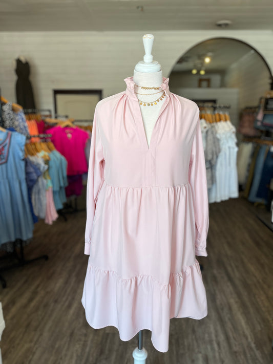 Pink Tiered Long Sleeve Mini Dress w/ Pockets