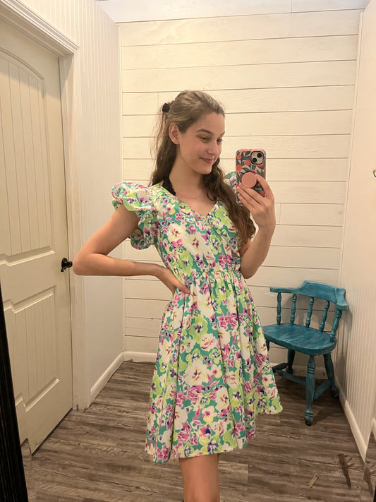 Green Flower Print Mini Dress