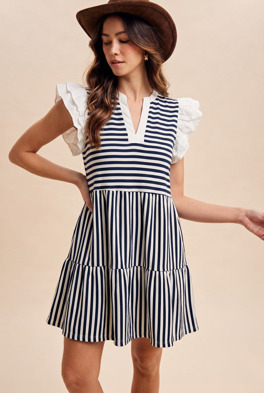 Navy Striped Ruffle Sleeve Babydoll Mini Dress