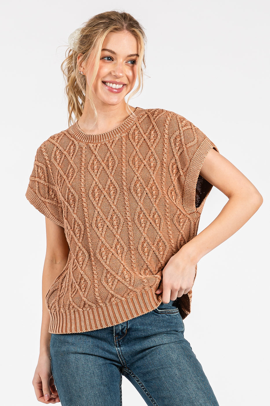 Mocha Mousse Sleeveless Cable Knit Top