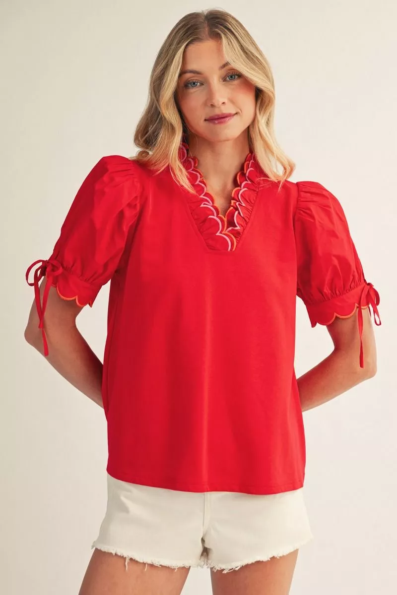 Orange/Pink Scallop Edge Short Sleeve Blouse
