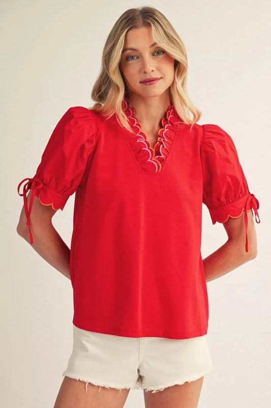 Orange/Pink Scallop Edge Short Sleeve Blouse