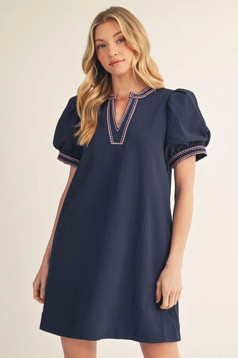 Navy Short Sleeve Mini Dress w/ Pink Details