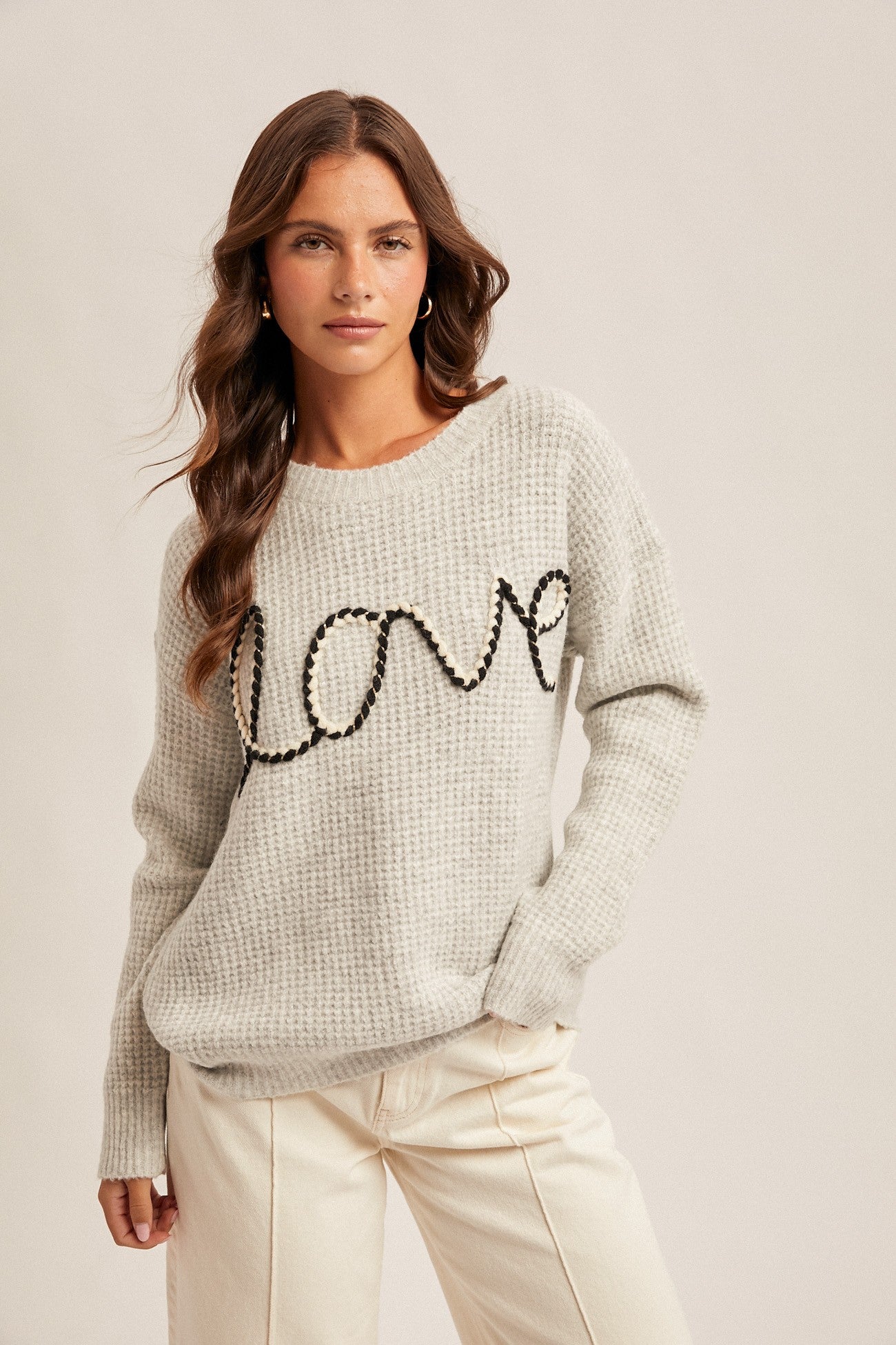 Light Grey Two-Tone 'Love' Embroidered Sweater