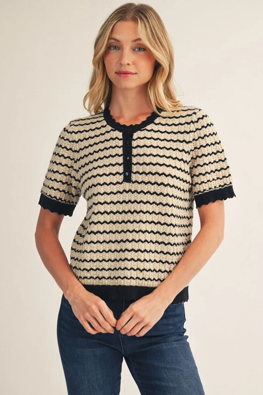 Black/Taupe Striped Light Knit Short Sleeve Top