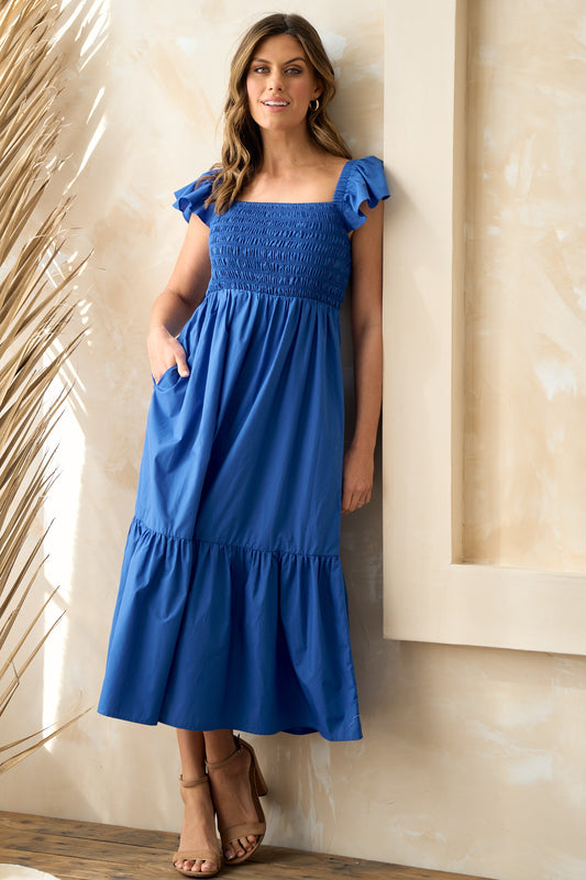 Royal Blue Smocked Bodice Midi Dress