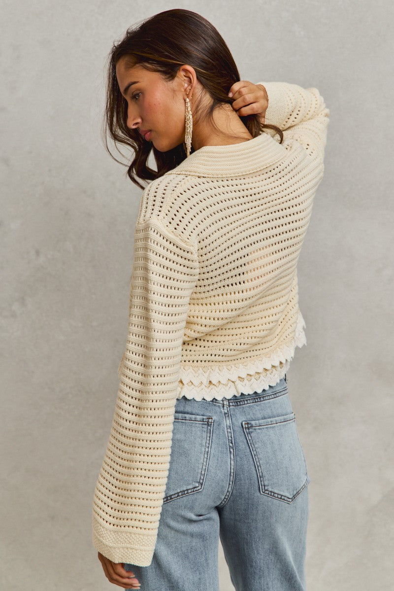 Cream Collared Button Down Sweater w/ Texture + Lace Hem