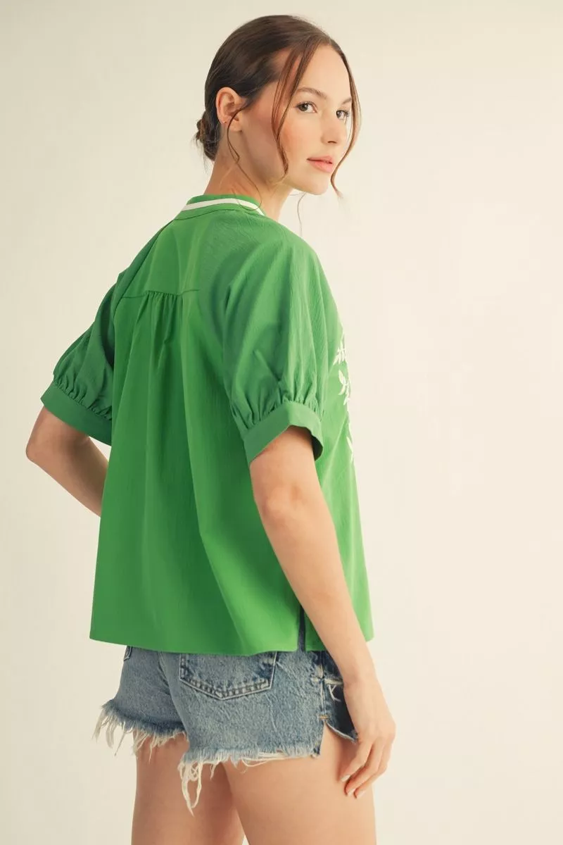 Kelly Green Short Puff Sleeve Embroidered Blouse