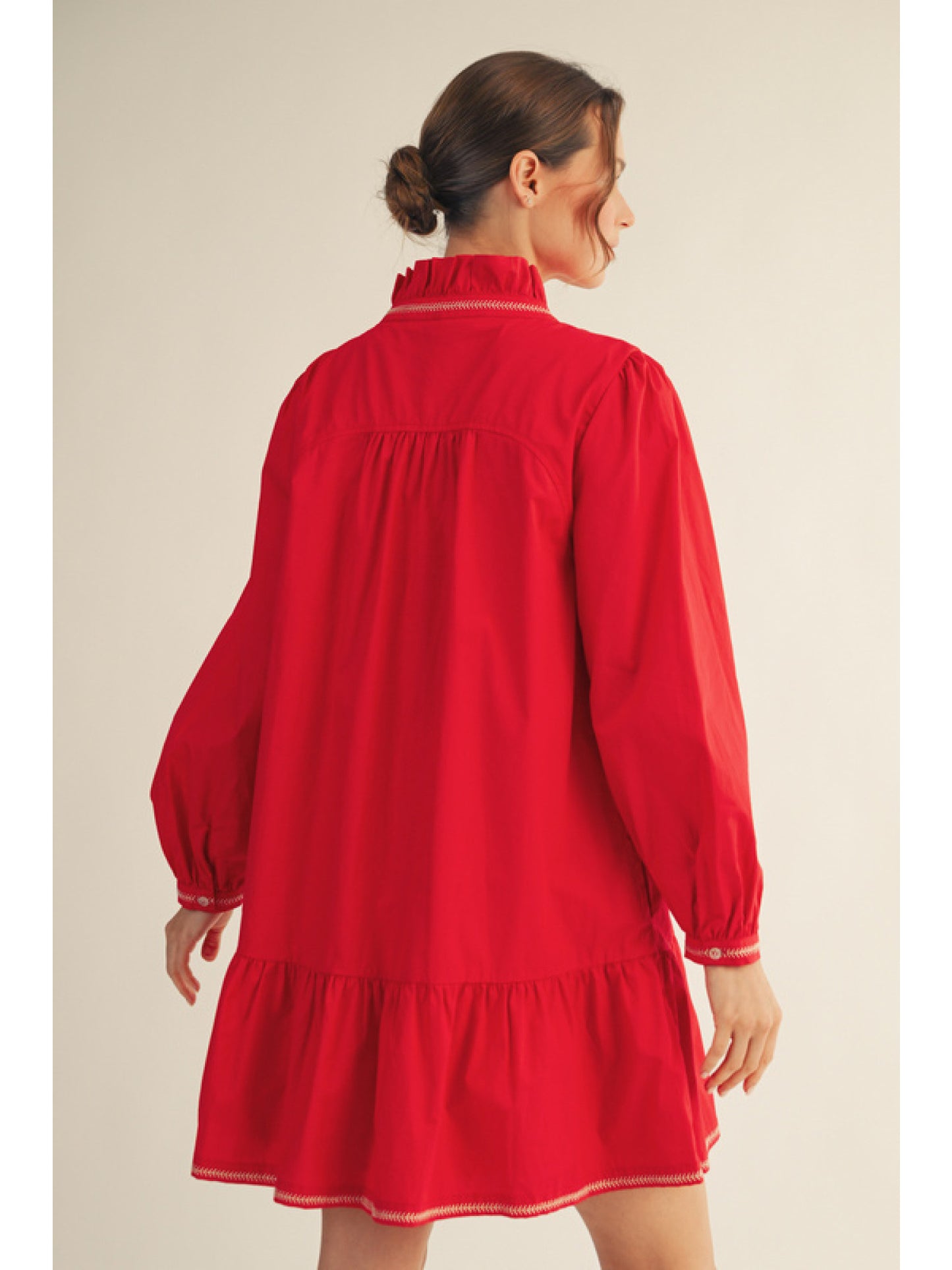 Red Embroidered Long Sleeve Babydoll Mini Dress