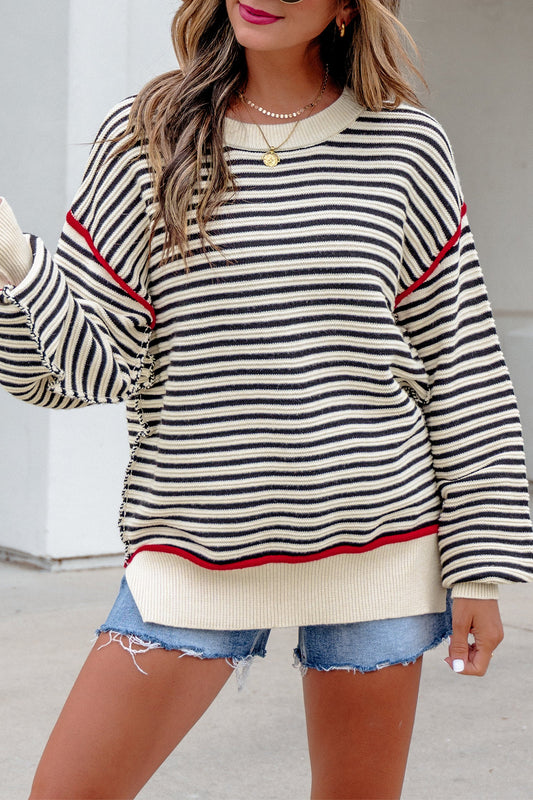 Black Striped Drop Shoulder Sweater