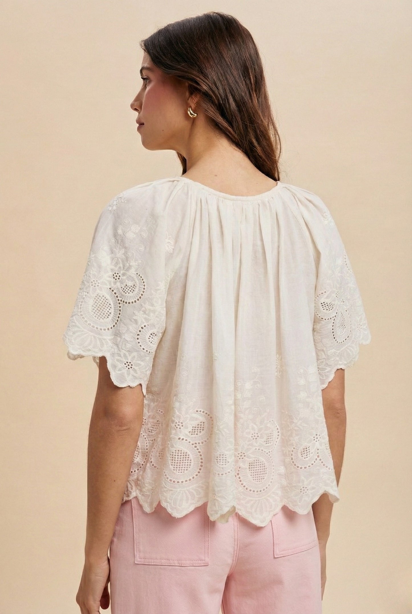 Ivory Floral Eyelet Scalloped Short Sleeve Blouse