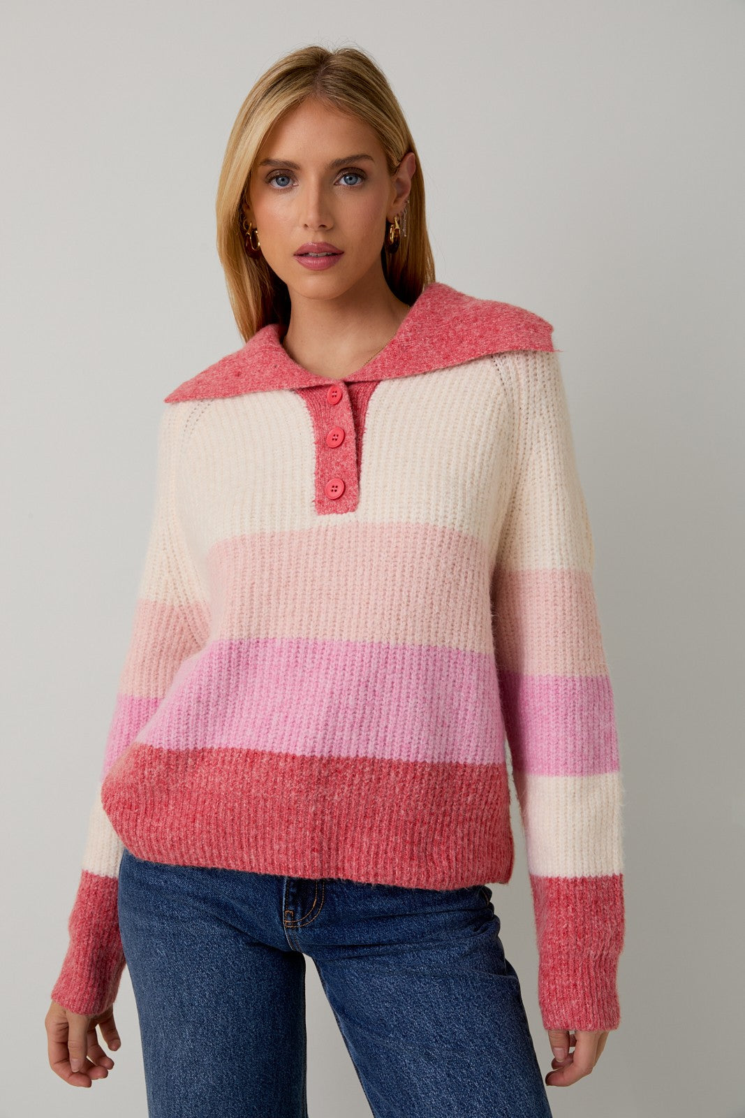 Pink Multi Striped Button Collar Sweater