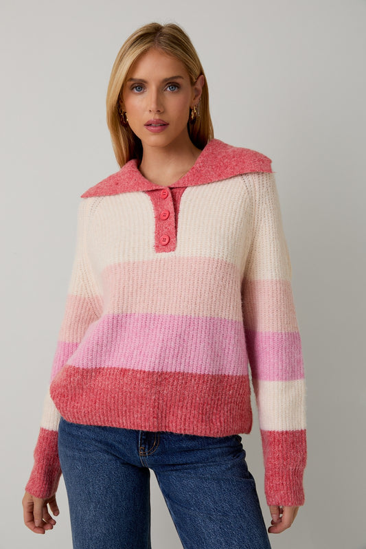 Pink Multi Striped Button Collar Sweater