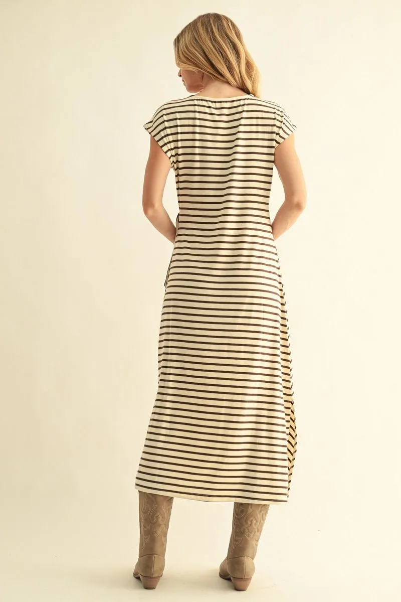 Brown Striped Short Sleeve Maxi Dress