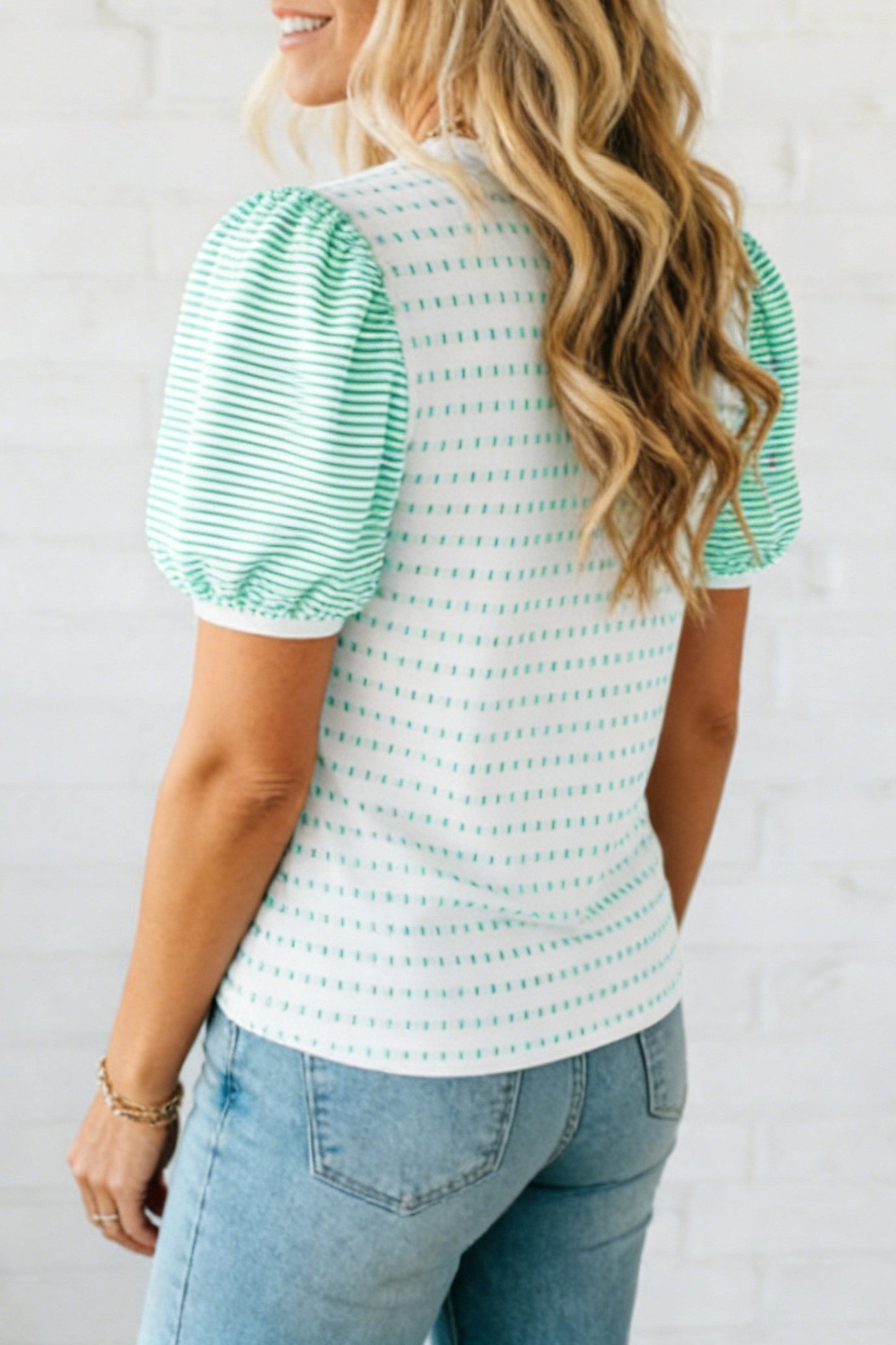 Green Striped Round Neck Short Sleeve Top