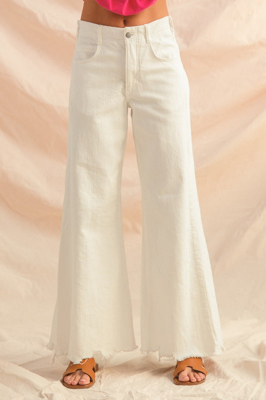 Off White Wide Flare Denim Pants w/ Distressed Hem