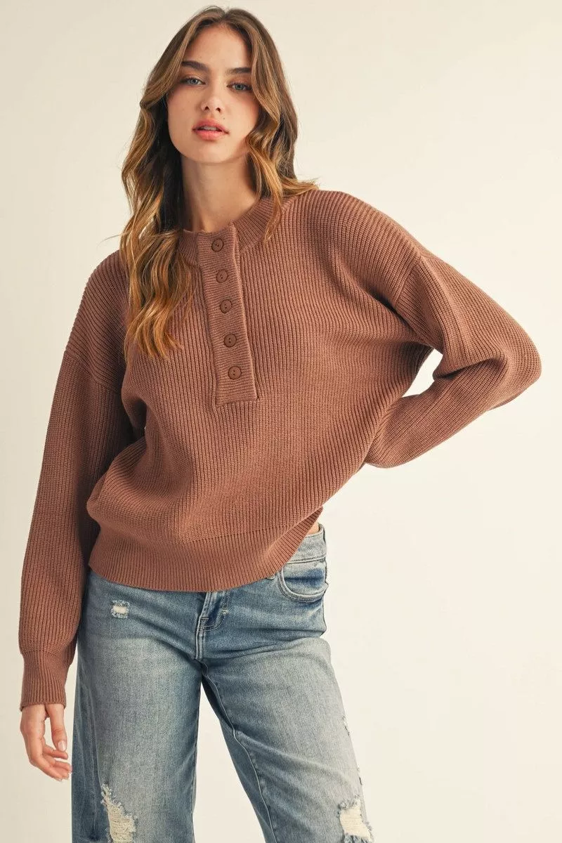 Mocha Mousse Buttoned, Drop Shoulder Sweater