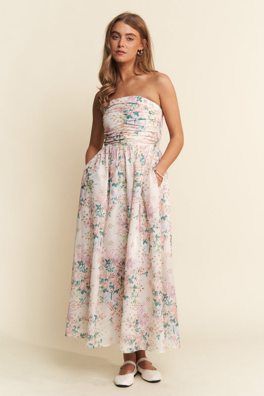 Spring Bloom Multicolor Sleeveless Ruched Maxi Dress