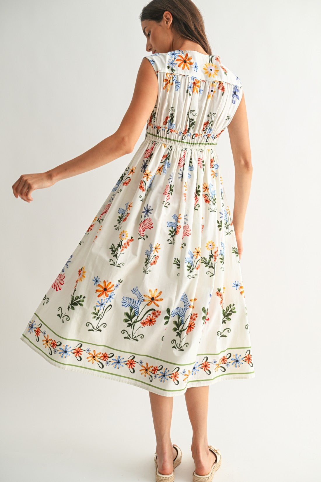 White Floral V-Neck Sleeveless Midi Dress