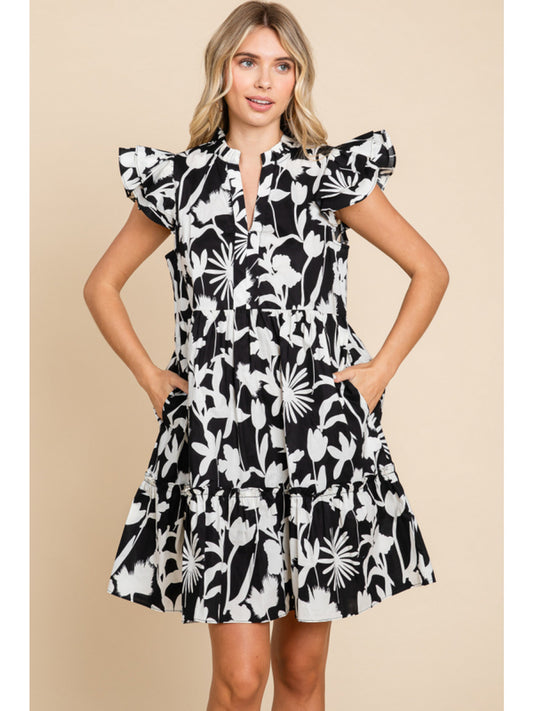 Black Patterned Sleeveless Mini Dress w/ Pockets
