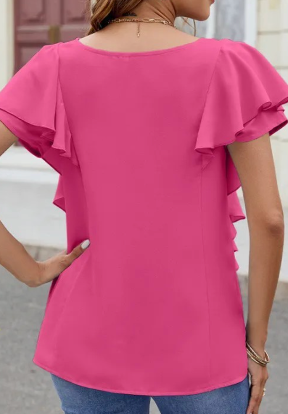 Pink Flutter Short Sleeve Button Down Blouse