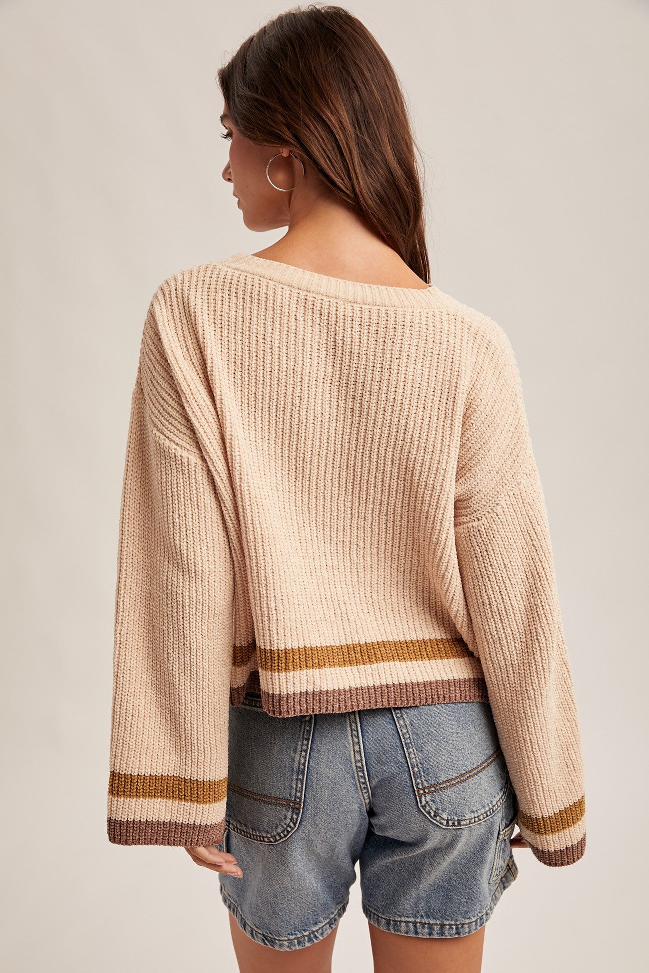 Ecru Striped Crew Neck Cropped Sweater