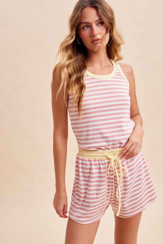 Blush Contrast Color Striped Tank + Shorts Set
