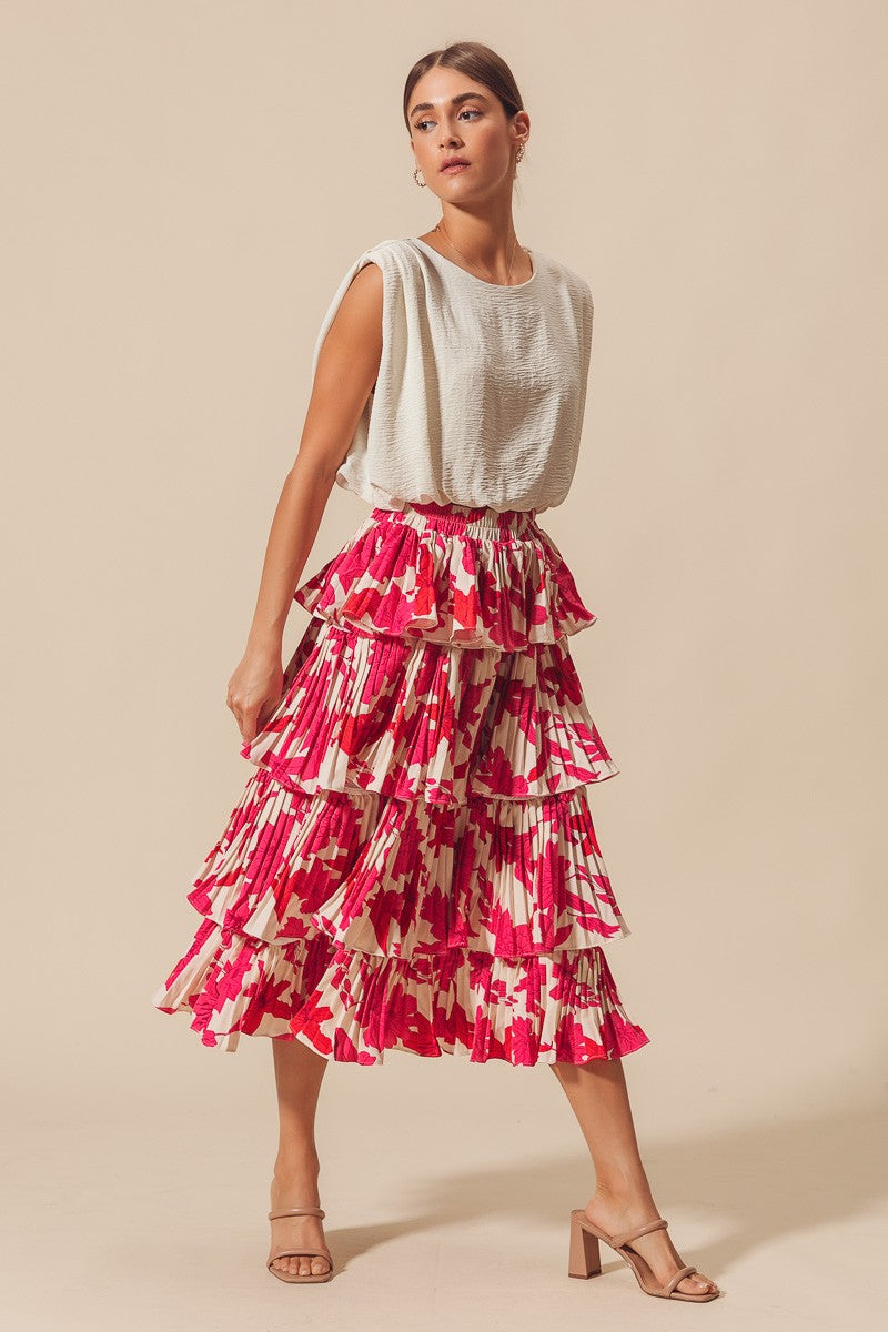 Fuchsia/Ivory Floral Pleated Tier Midi Skirt