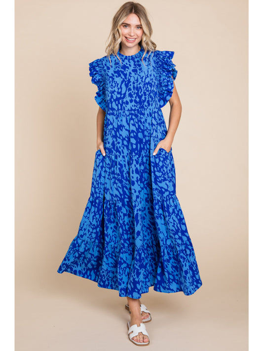 Royal Blue Floral High Neck Maxi Dress