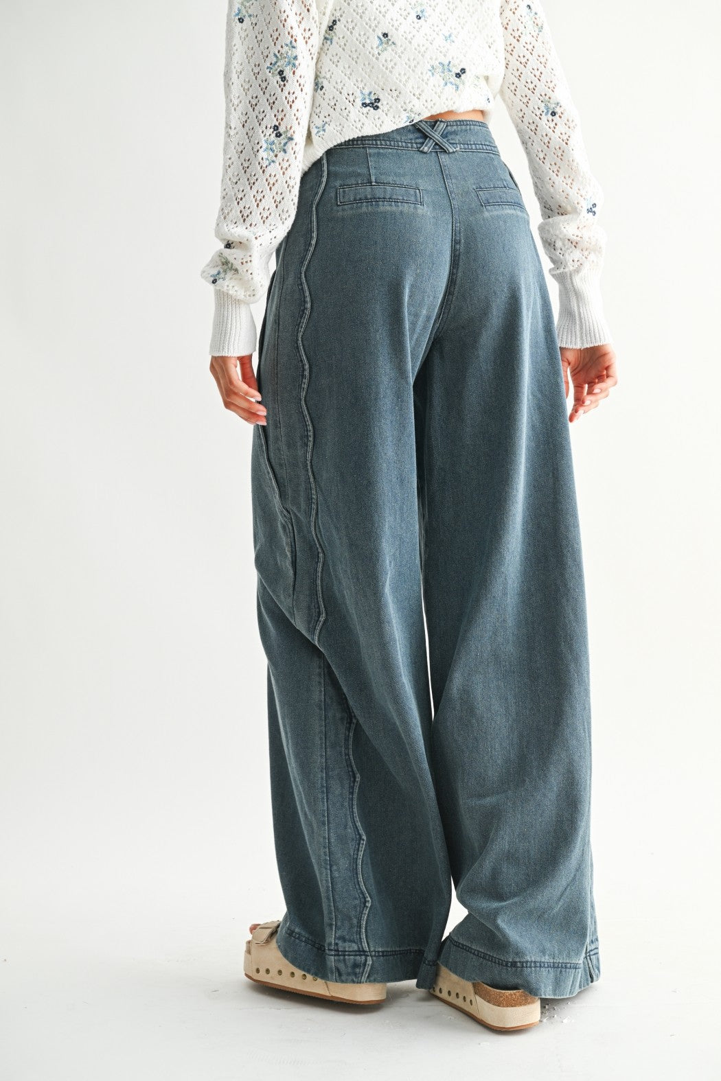 Medium Wash Wide-Leg Stretch Denim w/ Zig-Zag Detail