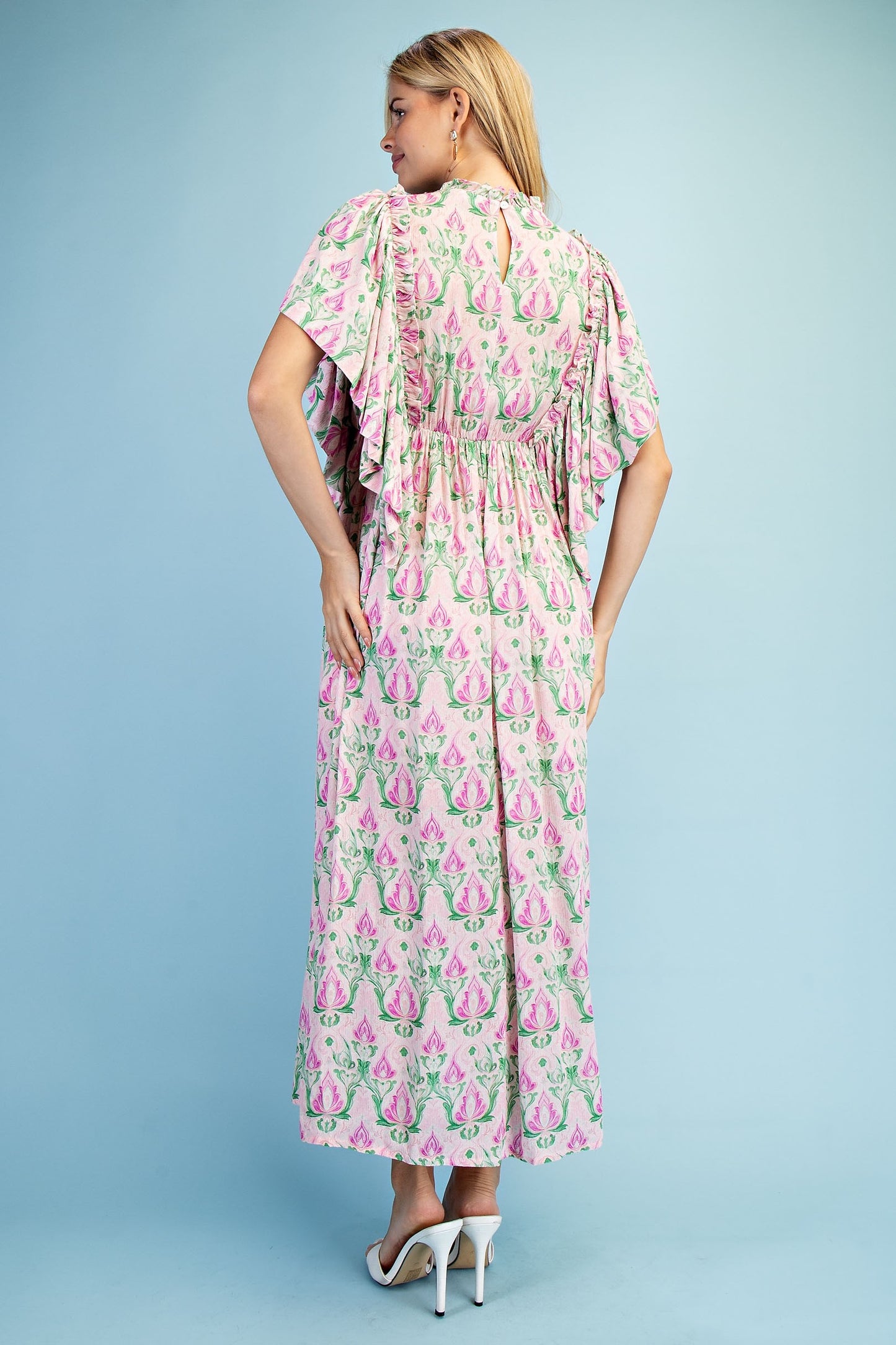 Blush Mix Floral Printed Midi Dress w/ Flutter Sleeves