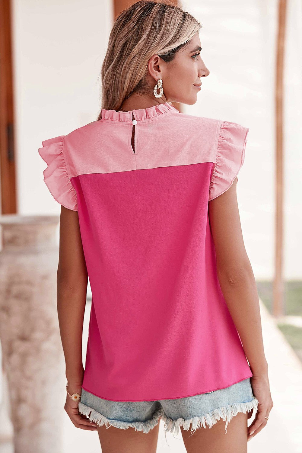 Pink Two Toned Flutter Sleeve Blouse
