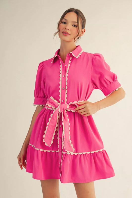 Button Up, Collared Mini Dress w/ Ric Rac Details