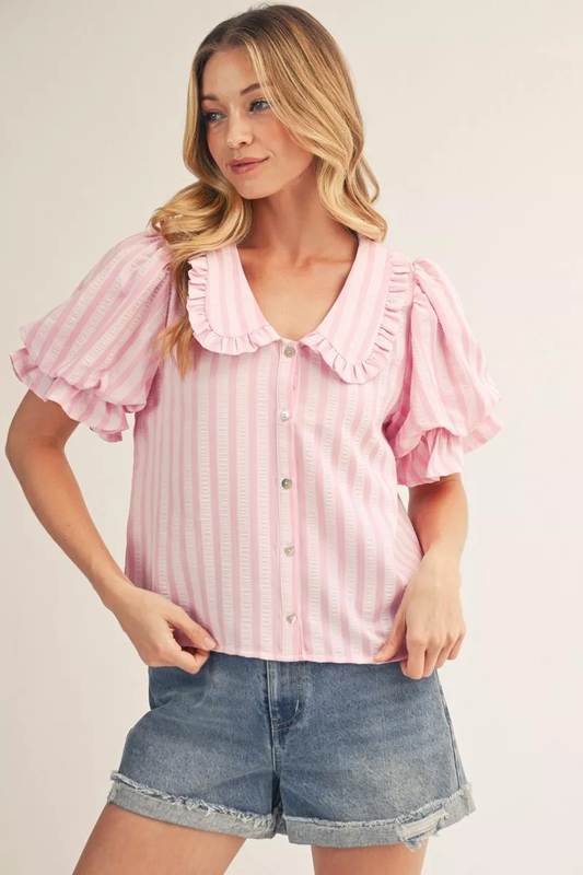 Pink Monochromatic Striped Short Sleeve Blouse w/ Peter Pan Collar