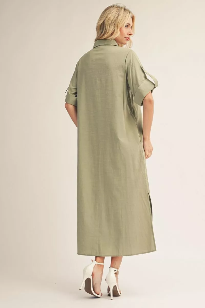 Sage Short Sleeve Button Down Maxi Dress