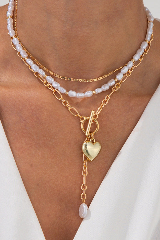 Multi Layer Heart Charm Pearl Chain Necklace