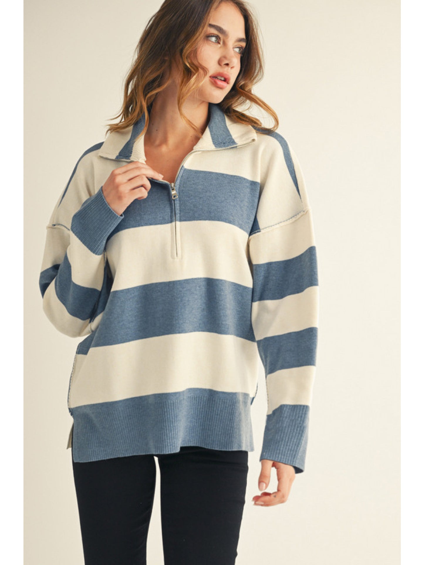 Denim Striped Collared Zip-Up Sweater