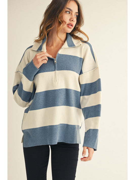 Denim Striped Collared Zip-Up Sweater