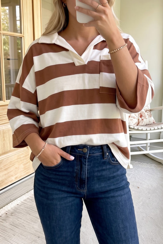 Brown Striped Collared 3/4 Sleeve Top