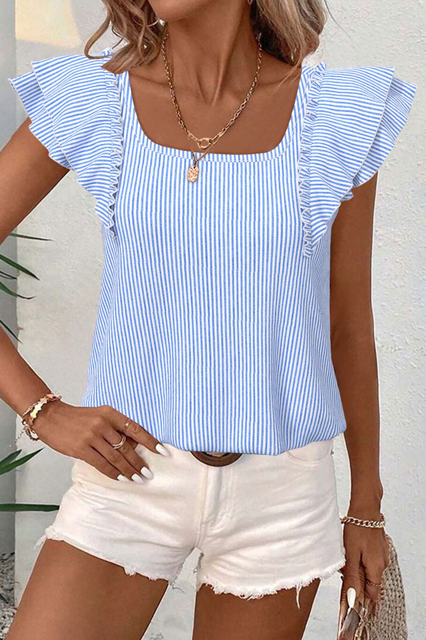 Blue Striped Ruffle Sleeveless Blouse