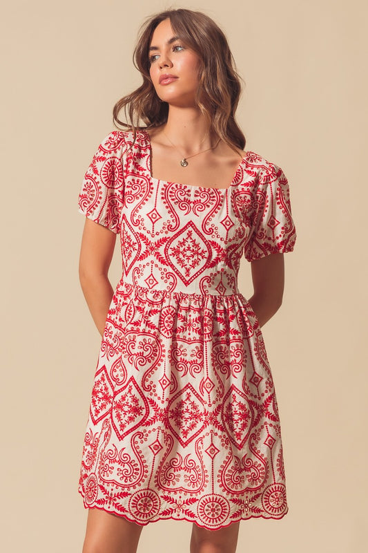 Red Coral Embroidered Eyelet Square Neck Mini Dress