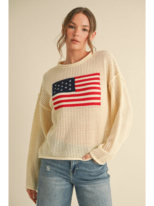 Natural Open Knit American Flag Sweater